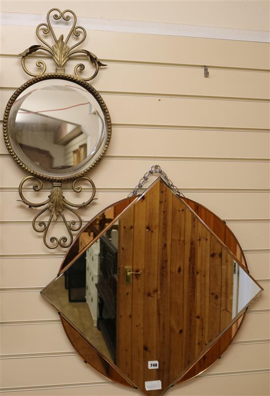 A peach glass frame mirror and a gilt mirror W.72cm and 32cm